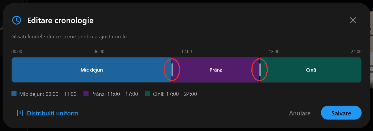 Dialogul Editare cronologie arătând Mic dejun, Prânz și Cină ca trei bare colorate de-a lungul unei benzi de 24 de ore, cu limitele dintre ele la 11:00 și 17:00