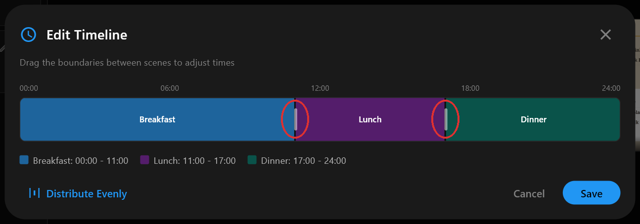 The Edit Timeline dialog showing Breakfast, Lunch and Dinner as three colored bars across a 24-hour strip, with the handles between them at 11am and 5pm