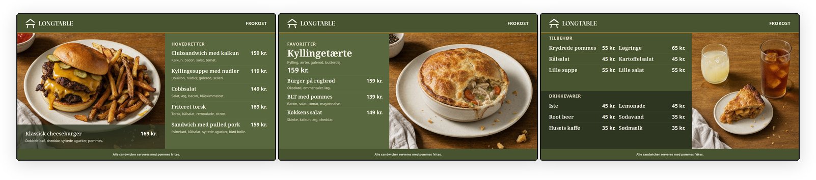 Menuboardet på tre skærme, der viser frokostmenuen kl. 11:00