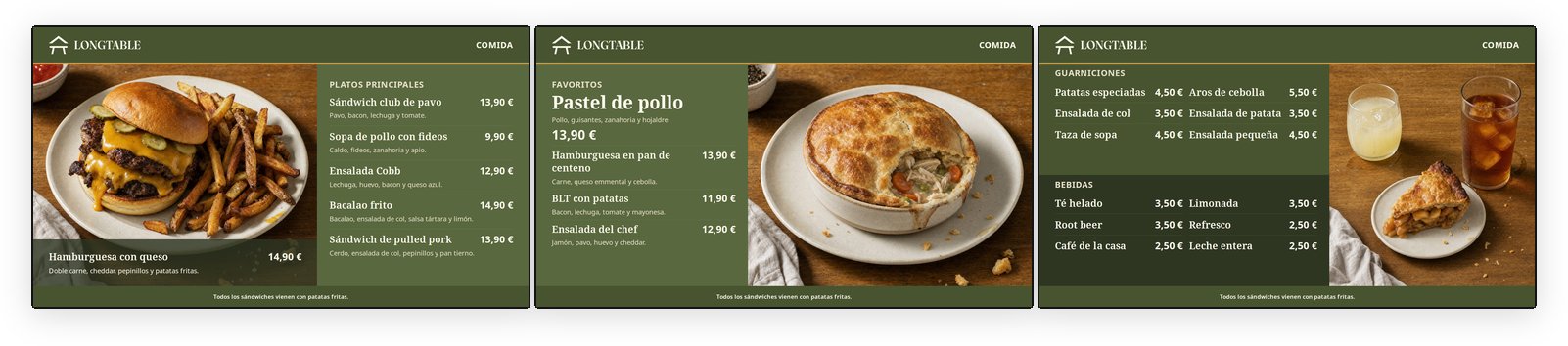 El tablero de menú de tres pantallas mostrando el menú de la comida a las 11:00