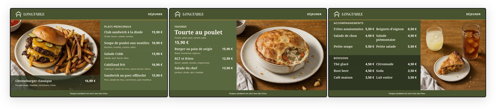 Le tableau de menu à trois écrans affichant le menu du déjeuner à 11h