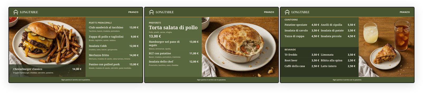 Il menu board a tre schermi che mostra il menu del pranzo alle 11:00
