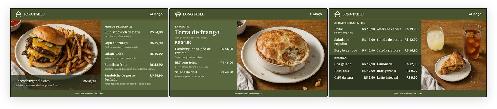 O cardápio de três telas mostrando o cardápio do almoço às 11:00