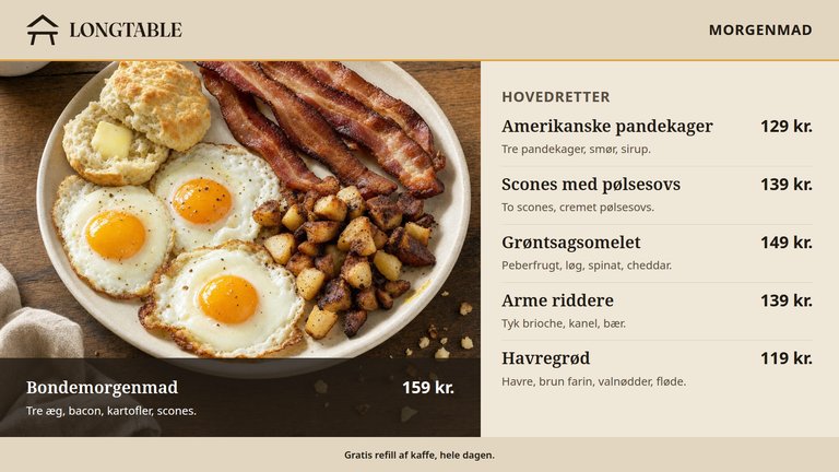 Harvest Table-morgenmadsmenuboard, venstre skærm. En bondemorgenmad med æg, bacon, kartofler og en scone fylder venstre halvdel, ved siden af en liste over hovedretter fra amerikanske pandekager til havregrød, med priser.