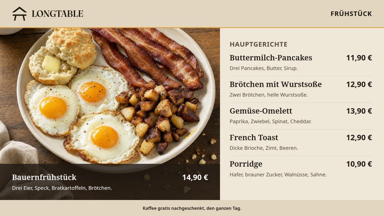 Harvest Table Menütafel für Frühstück, linker Bildschirm. Ein Bauernfrühstück aus Eiern, Speck, Bratkartoffeln und einem Brötchen füllt die linke Hälfte, daneben eine Liste der Hauptgerichte von Buttermilch-Pancakes bis Porridge mit Preisen.