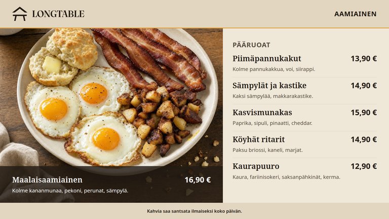 Harvest Table, aamiaismenutaulu, vasen näyttö. Munista, pekonista, perunoista ja voisämpylästä koostuva maalaisaamiainen täyttää näytön vasemman puoliskon, sen vieressä pääruokien lista hintoineen piimäpannukakuista kaurapuuroon.