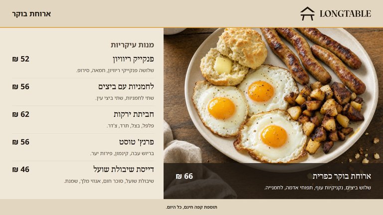 לוח תפריט Harvest Table לארוחת בוקר, מסך שמאלי. ארוחת בוקר כפרית של שלוש ביצים, נקניקיות עוף, תפוחי אדמה ולחמנייה ממלאת את המחצית הימנית, לצד רשימת מנות עיקריות החל מפנקייק ריוויון ועד דייסת שיבולת שועל, עם מחירים.
