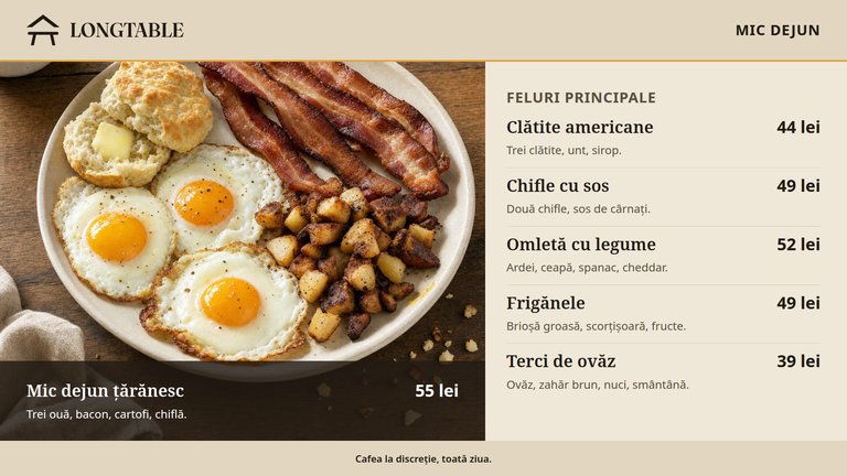 Panou de meniu Harvest Table pentru mic dejun, ecranul din stânga. Un mic dejun țărănesc cu ouă, bacon, cartofi și o chiflă ocupă jumătatea stângă, lângă o listă de feluri principale de la clătite americane la terci de ovăz, cu prețuri.
